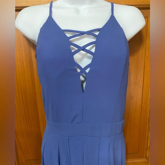 Elegant Slate Blue Romper with Sheer Overlay - Picture 4 of 6